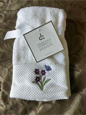 White Embroidered Tip Towel with Purple Flowers
